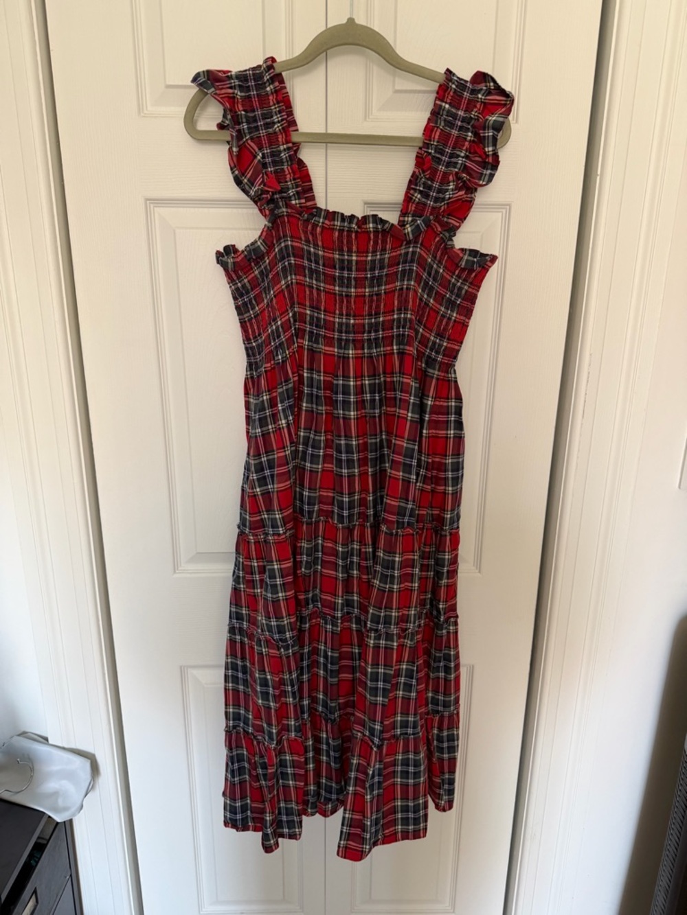 Hill House Nap Dress-Red Plaid Ruffled Strap Midi Dress
